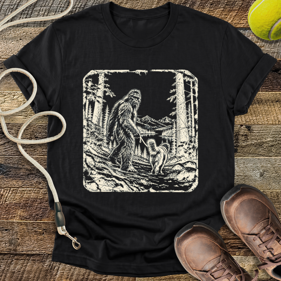 Walking the Dog (Bigfoot and Golden Retriever) T-Shirt