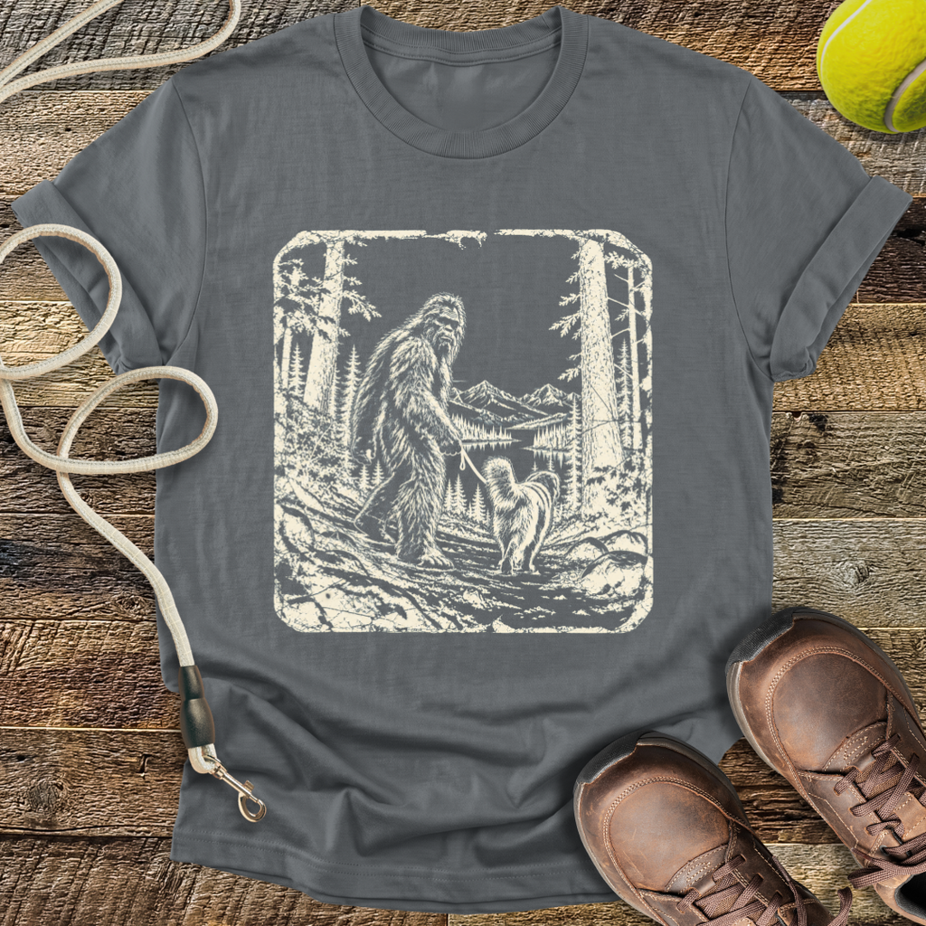 Walking the Dog (Bigfoot and Golden Retriever) T-Shirt