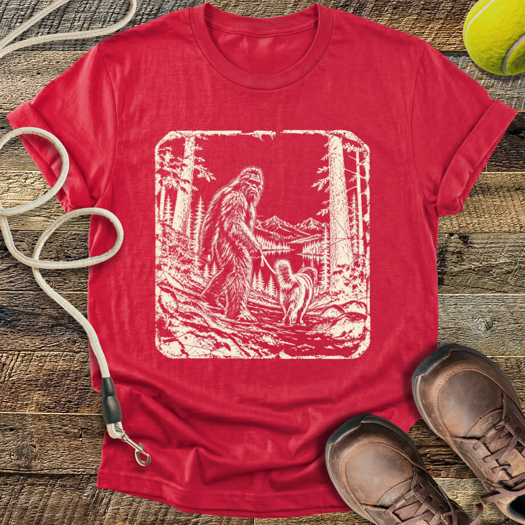 Walking the Dog (Bigfoot and Golden Retriever) T-Shirt