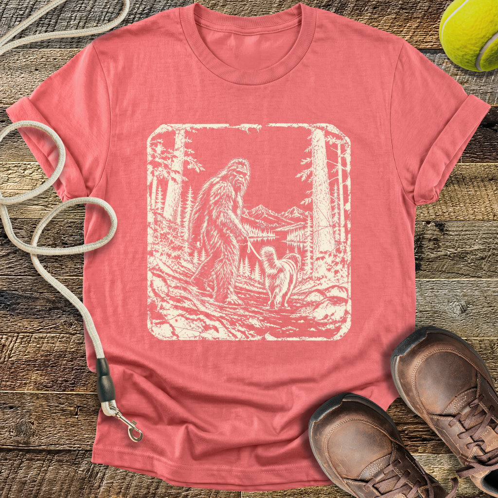 Walking the Dog (Bigfoot and Golden Retriever) T-Shirt