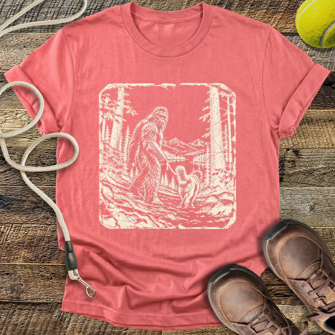 Walking the Dog (Bigfoot and Golden Retriever) T-Shirt