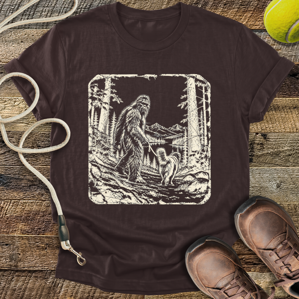Walking the Dog (Bigfoot and Golden Retriever) T-Shirt