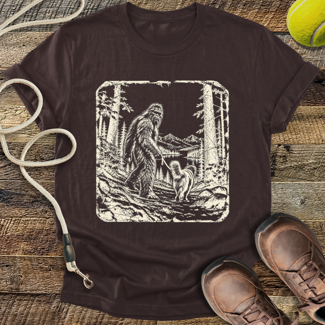 Walking the Dog (Bigfoot and Golden Retriever) T-Shirt