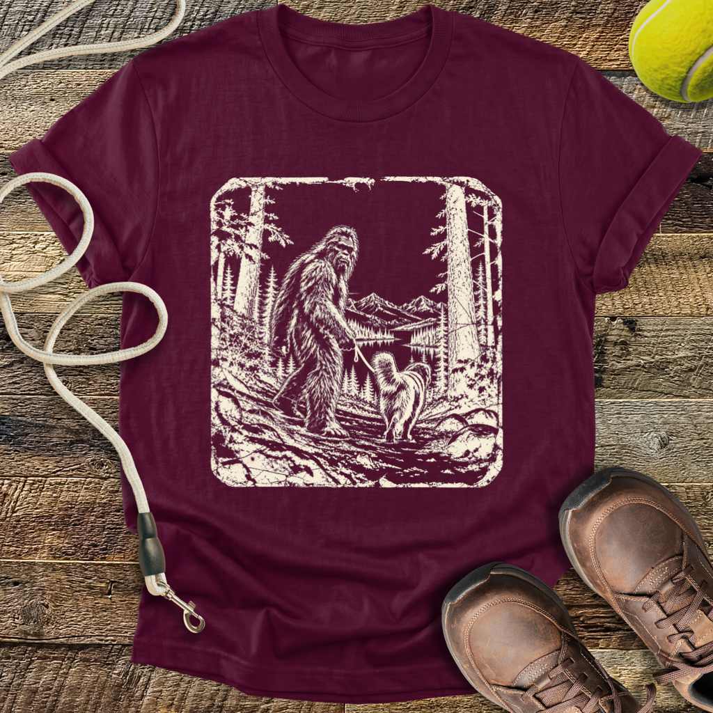 Walking the Dog (Bigfoot and Golden Retriever) T-Shirt