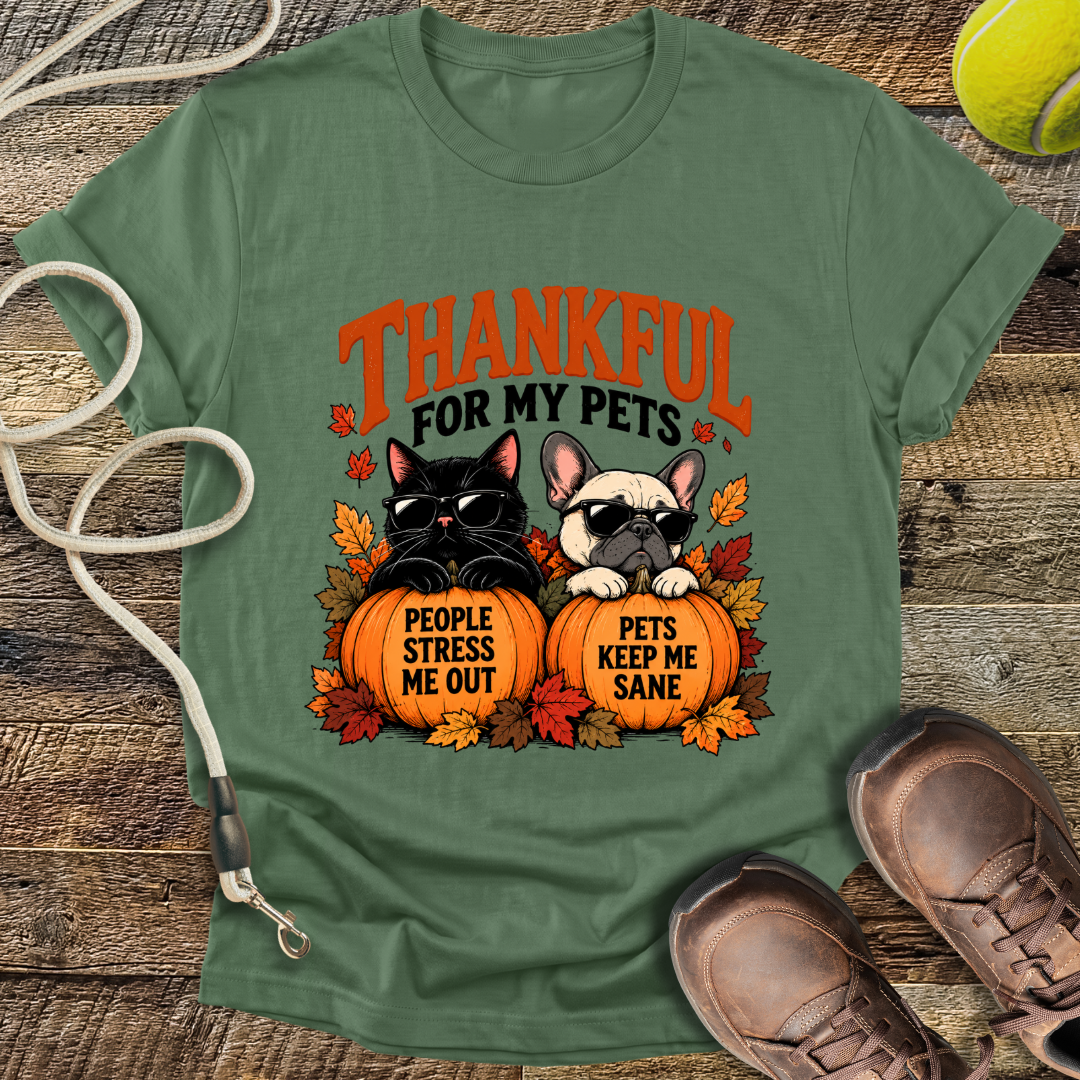 Thankful for My Pets (Black Cat and French Bulldog) T-Shirt
