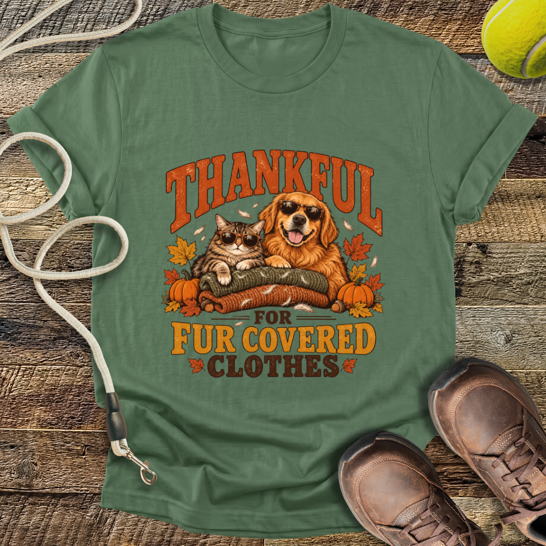 Thankful For Fur Covered Clothes (Cat and Golden Retriever) T-Shirt