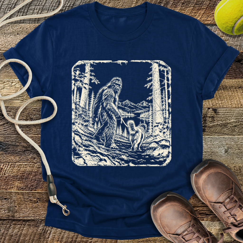 Walking the Dog (Bigfoot and Golden Retriever) T-Shirt