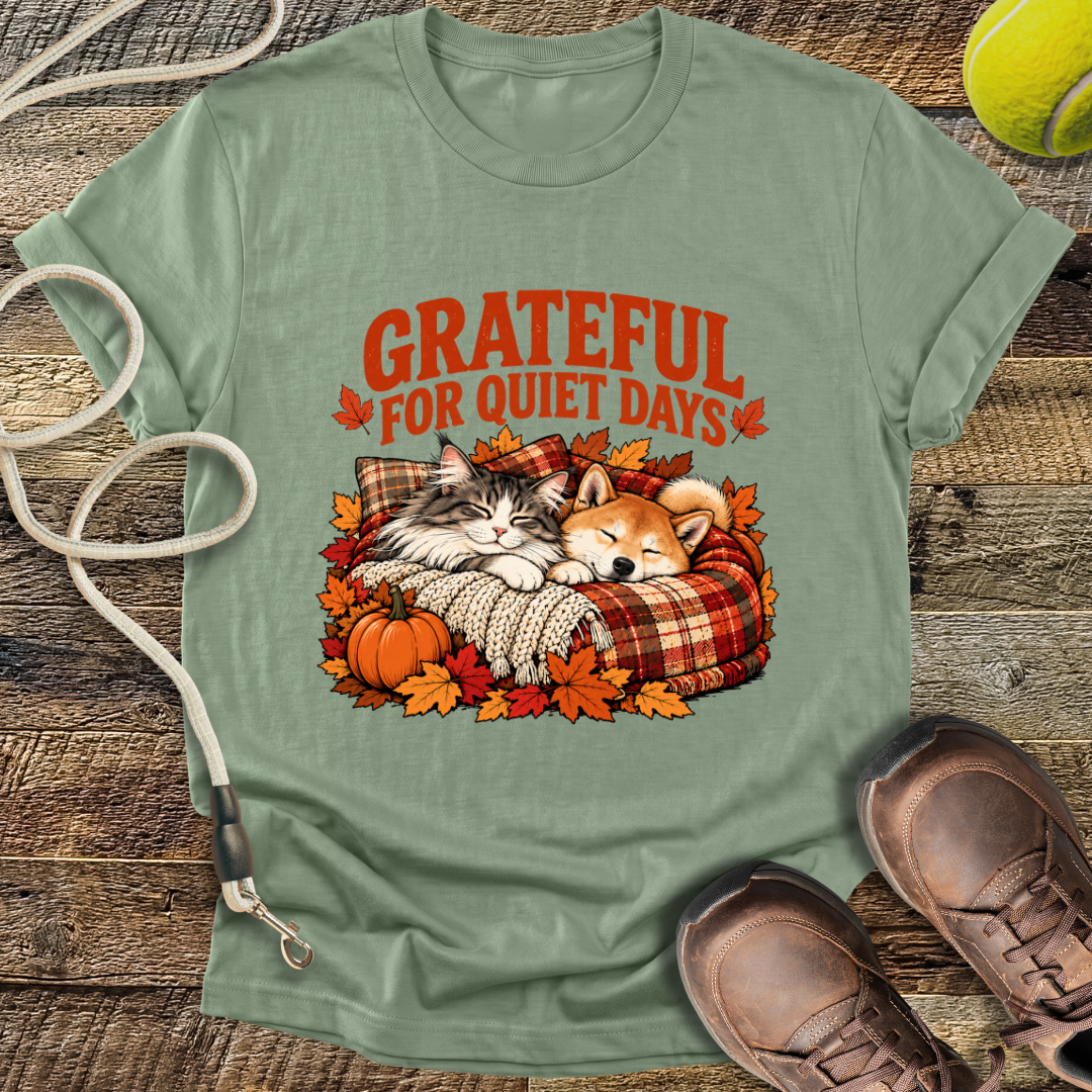 Grateful For Quiet Days (Cat and Shiba Inu) T-Shirt