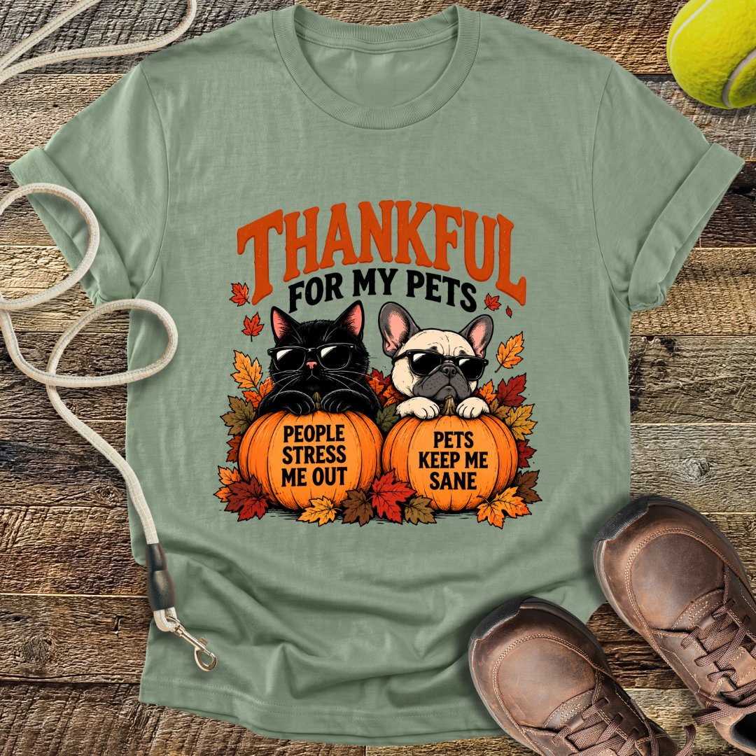 Thankful for My Pets (Black Cat and French Bulldog) T-Shirt