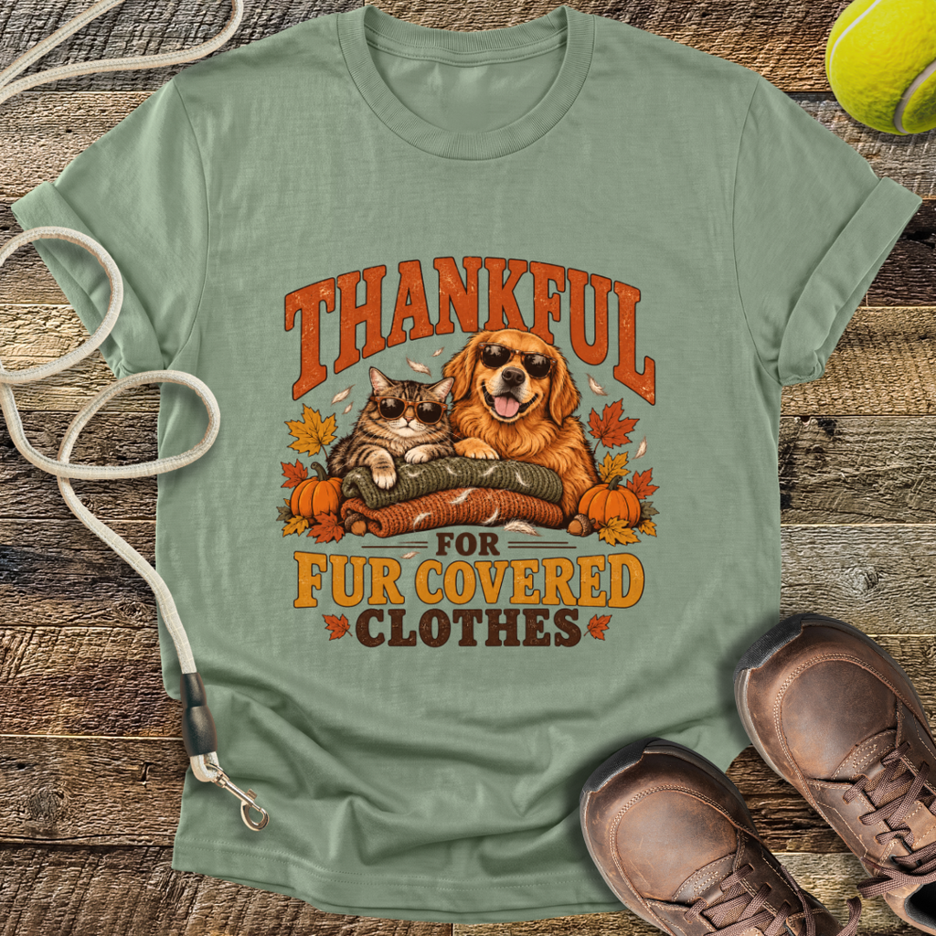 Thankful For Fur Covered Clothes (Cat and Golden Retriever) T-Shirt