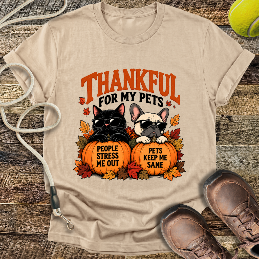 Thankful for My Pets (Black Cat and French Bulldog) T-Shirt