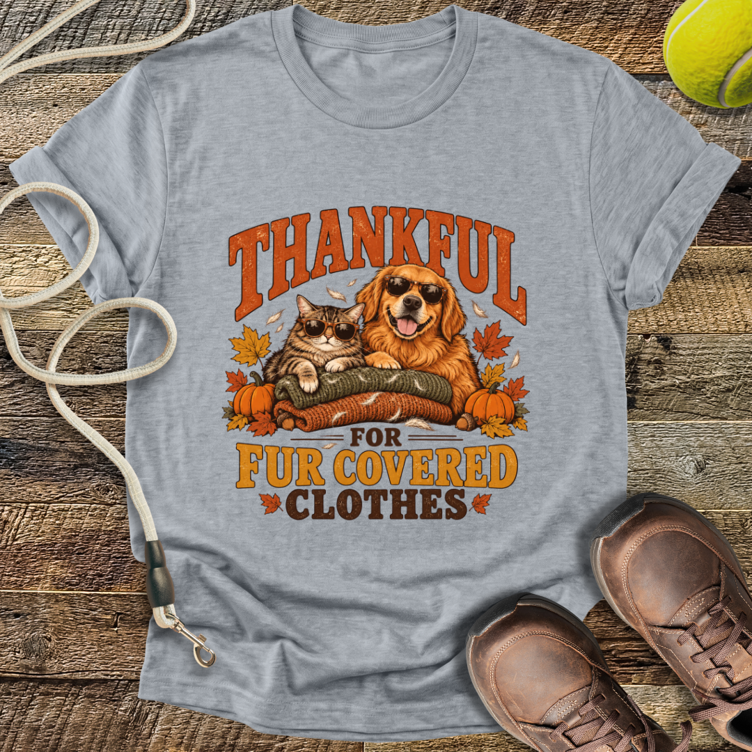 Thankful For Fur Covered Clothes (Cat and Golden Retriever) T-Shirt