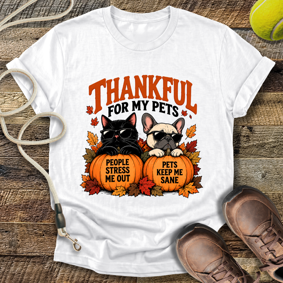 Thankful for My Pets (Black Cat and French Bulldog) T-Shirt