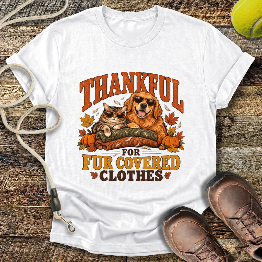 Thankful For Fur Covered Clothes (Cat and Golden Retriever) T-Shirt